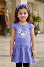 Blue Sweet Bee Print With Hair Band Frock For Girls