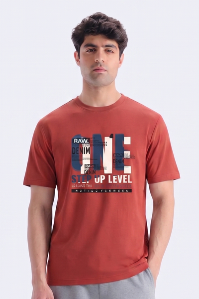 Dull Red Denim One Print T-Shirt For Men