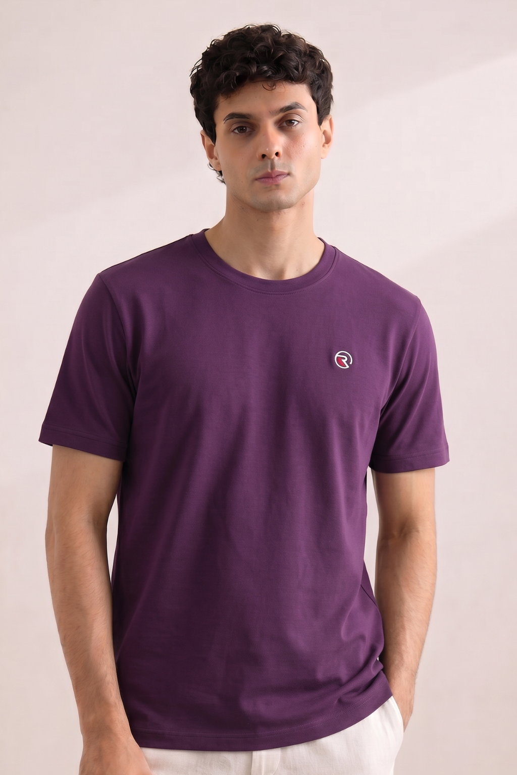 Dark Purple Plain "R" Logo Print T-Shirt For Men