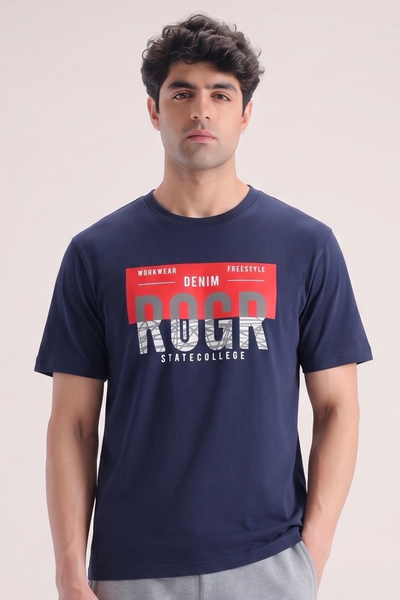 Navy Blue Denim Roger Print T-Shirt For Men