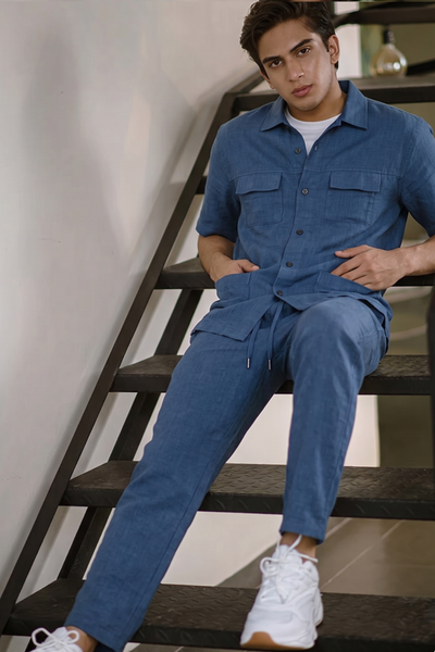 Navy Blue Jersy Fabric Double Pocket Trouser & Shirt Suit For Men