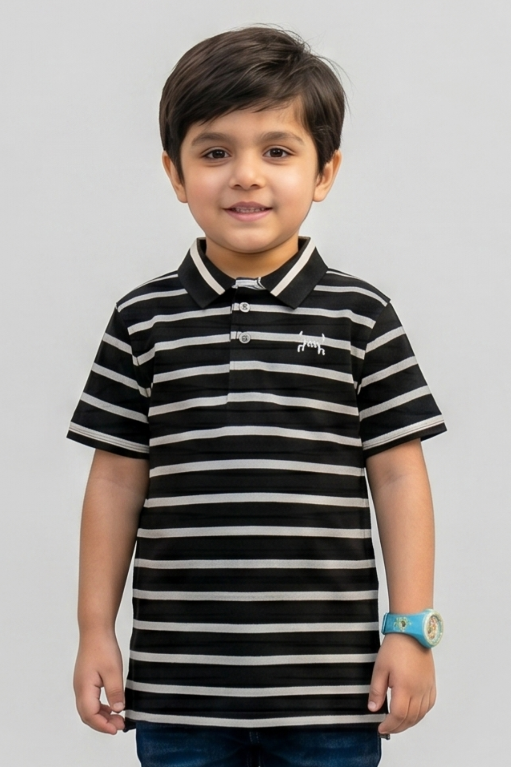 Black With White Stripes Polo For Boys