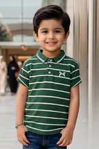 Green WIth White Stripes Polo For Boys