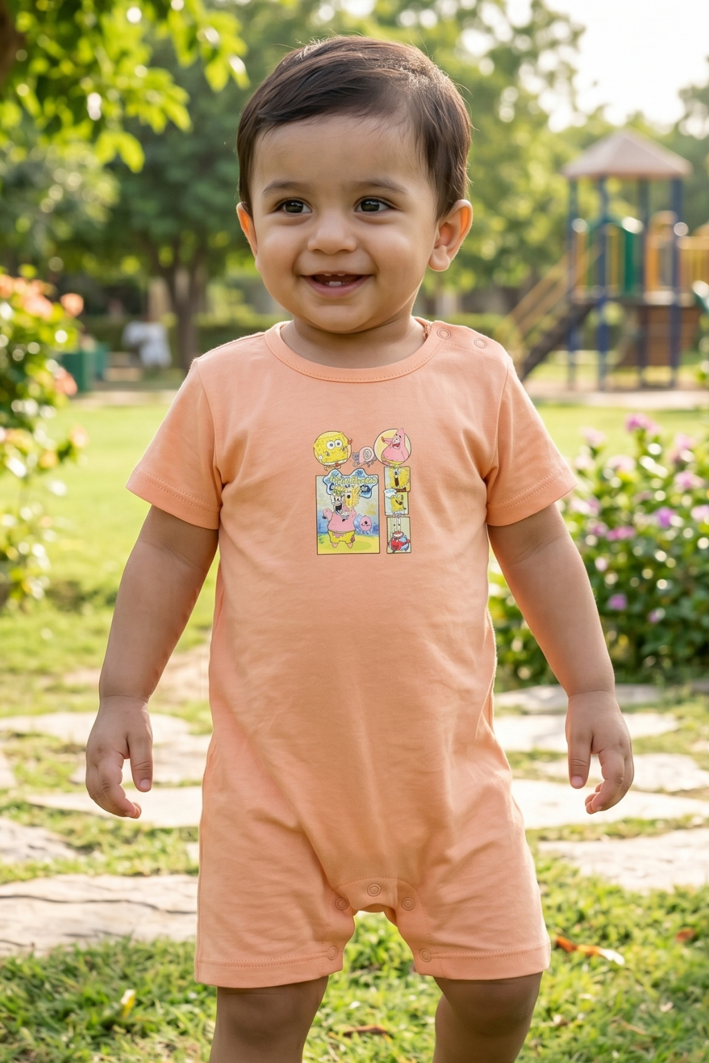 Peach SpongeBob Print Half Body Romper For Boys Secondary image