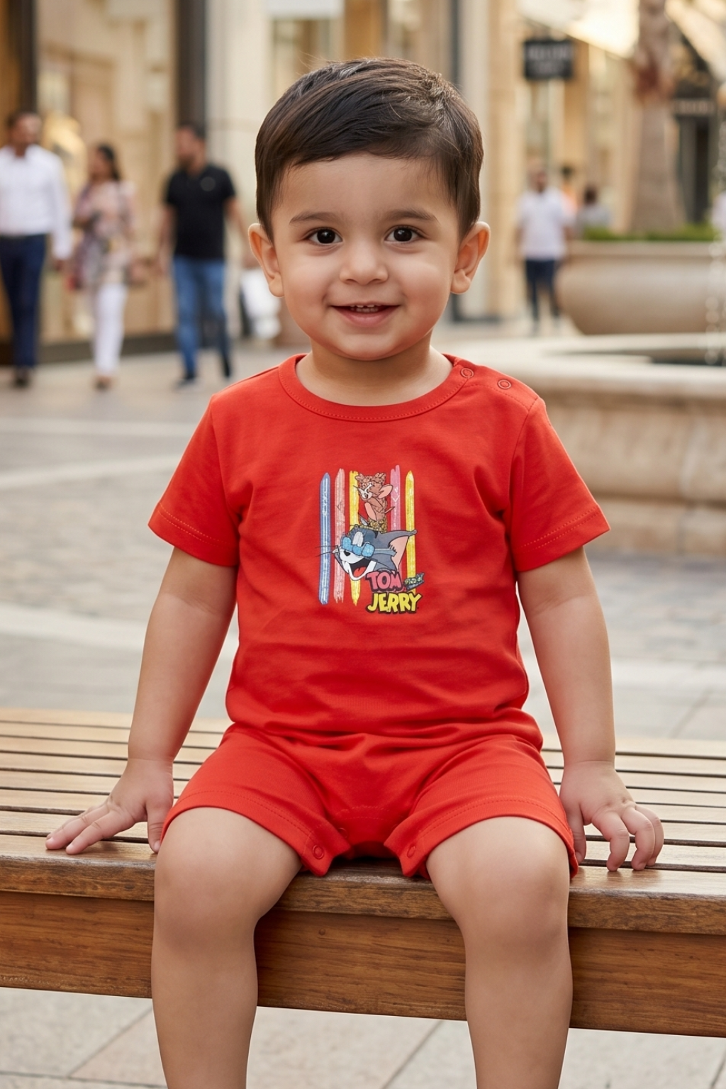 Orange Tom & Jerry Print Half Body Romper For Boys Secondary image