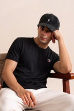Black Plain "R" Logo Print T-Shirt For Men