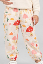 Cream Mashroom Tree Print Pocket Pajama For Girls