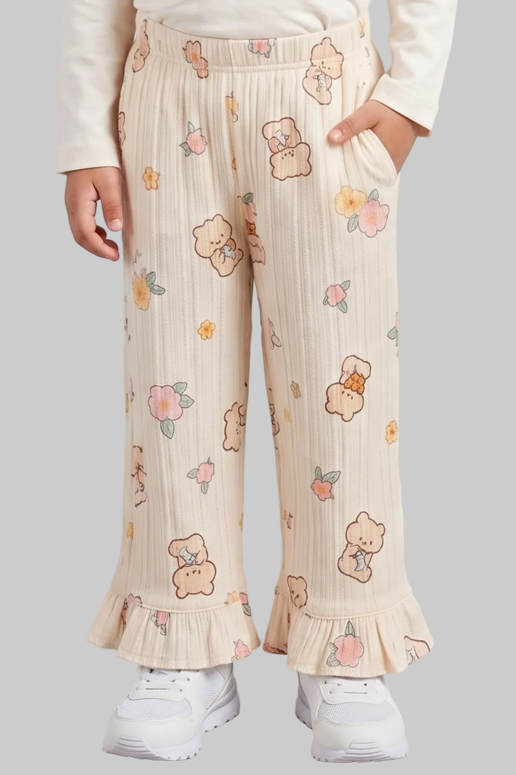 Light Yellow Teddy Bear Print Flapper For Girls