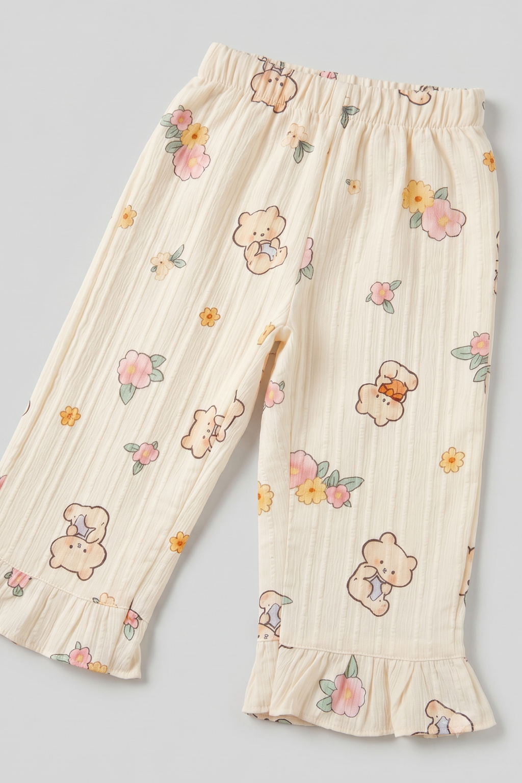 Light Yellow Teddy Bear Print Flapper For Girls
