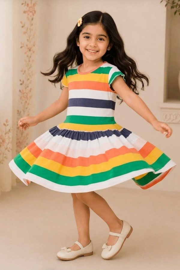 Green Yellow Pink Stripes With Hair Band Frock For Girls