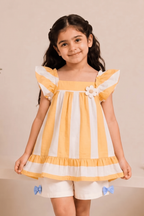 White With Orange Stripes Frock For Girls