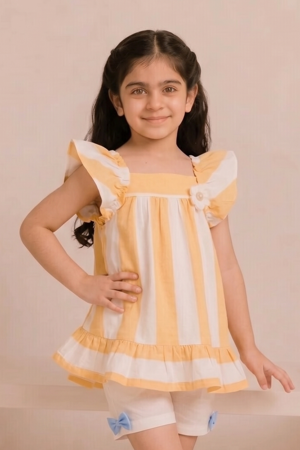 White With Orange Stripes Frock For Girls