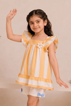 White With Orange Stripes Frock For Girls