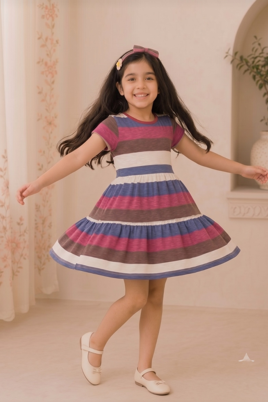 Brown White Blue Stripes With Hair Band Frock For Girls Secondary image