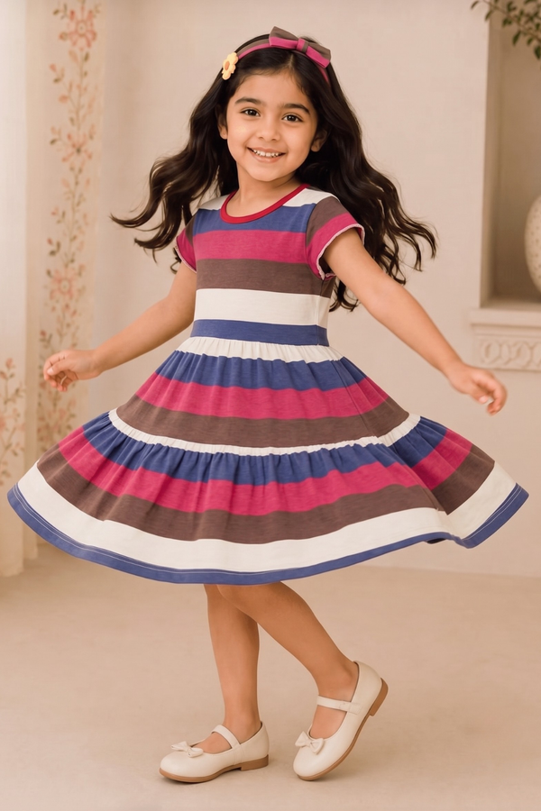 Brown White Blue Stripes With Hair Band Frock For Girls