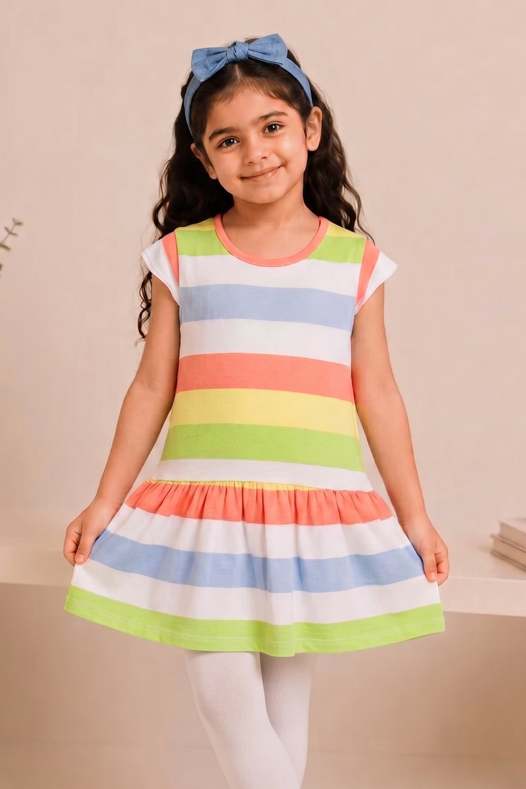 Blue White Peach Stripes With Hair Band Frock For Girls Main image