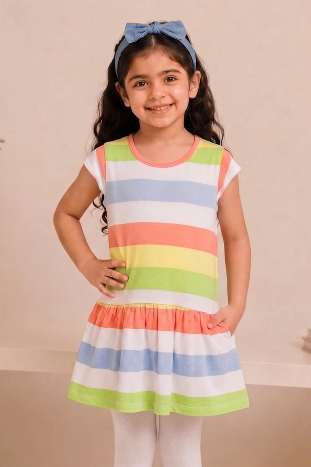 Blue White Peach Stripes With Hair Band Frock For Girls