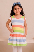 Blue White Peach Stripes With Hair Band Frock For Girls