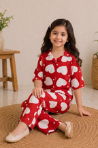 Red Heart Print Co-ord Fabric Suit For Girls
