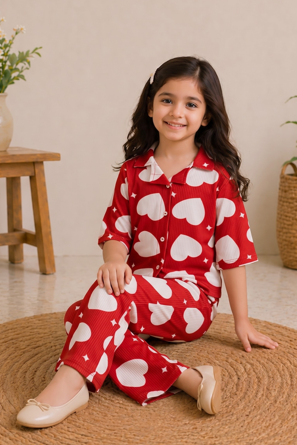 Red Heart Print Co-ord Fabric Suit For Girls
