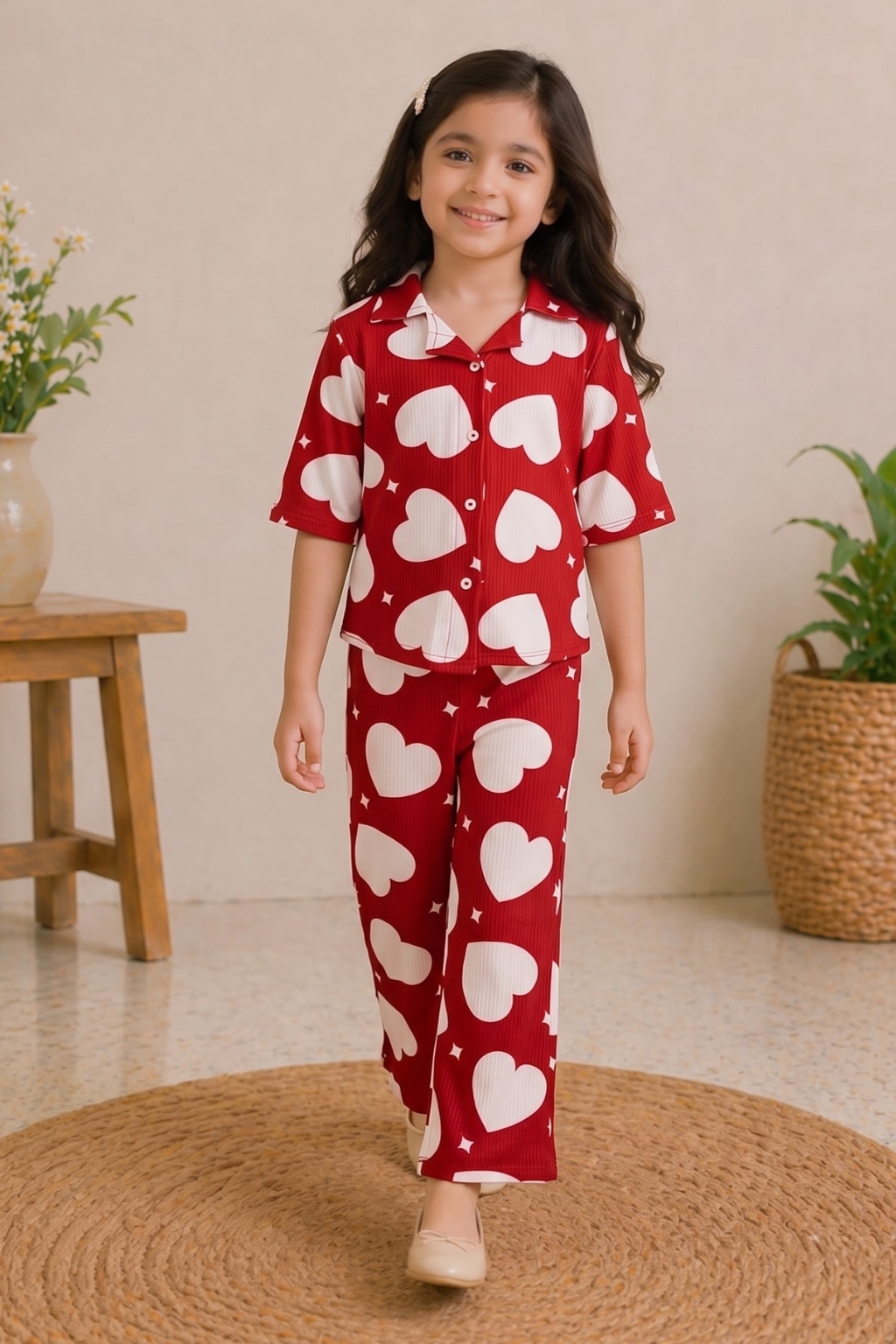 Red Heart Print Co-ord Fabric Suit For Girls