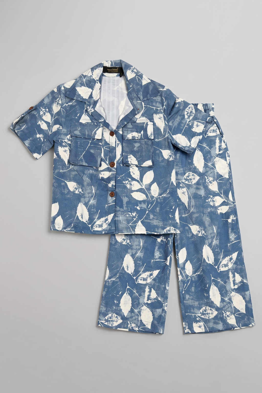 Blue Leaf Print Co-ord Linen Fabric Suit For Girls