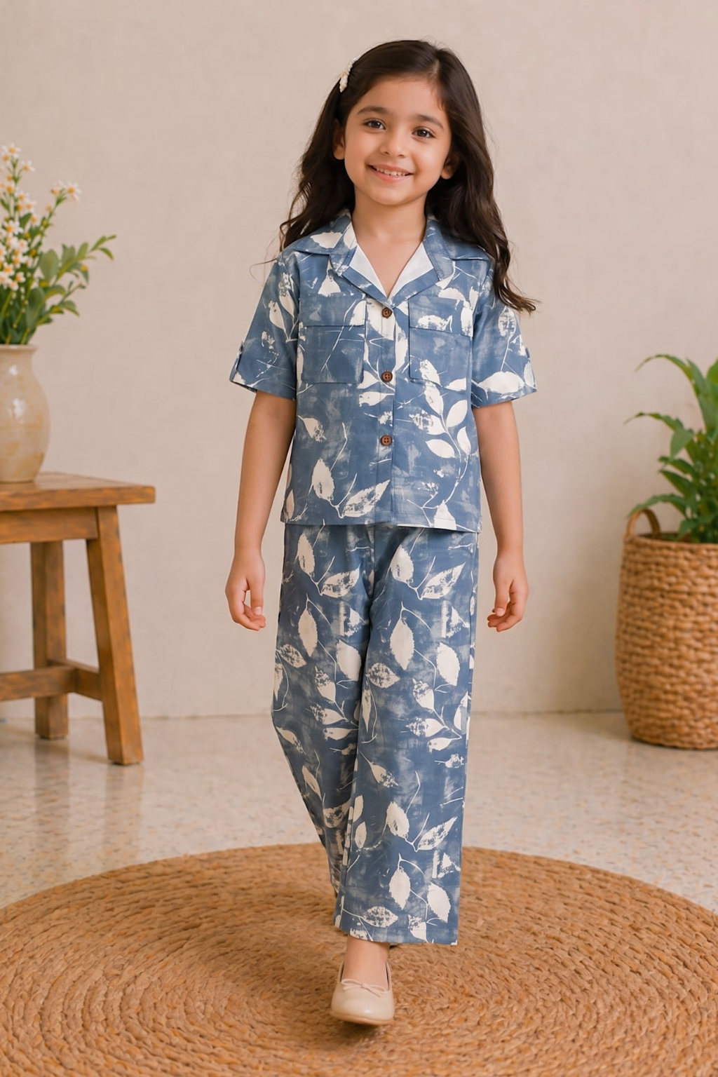 Blue Leaf Print Co-ord Linen Fabric Suit For Girls