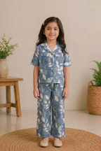 Blue Leaf Print Co-ord Linen Fabric Suit For Girls