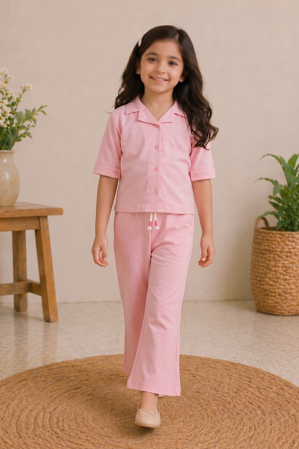 Baby Pink Plain Co-ord Fabric Suit For Girls