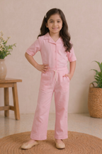 Baby Pink Plain Co-ord Fabric Suit For Girls