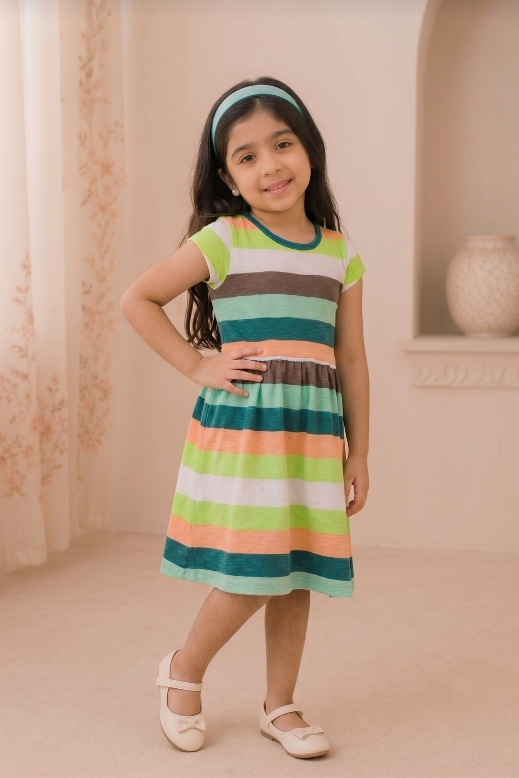 White Green Grey Stripes With Hair Band Frock For Girls
