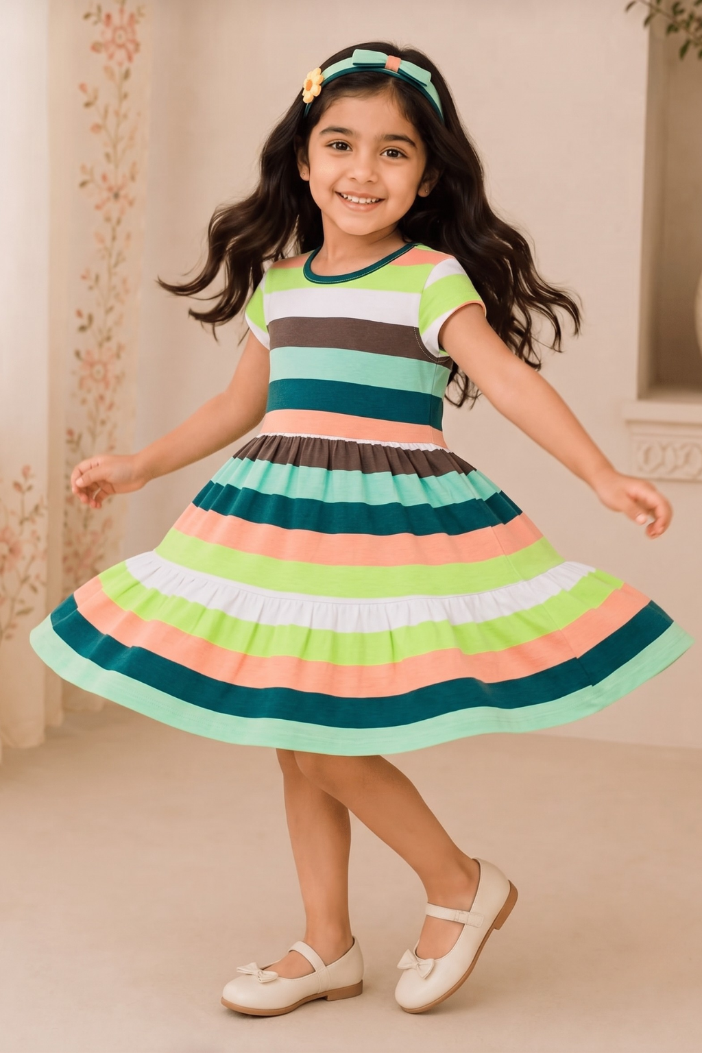 White Green Grey Stripes With Hair Band Frock For Girls