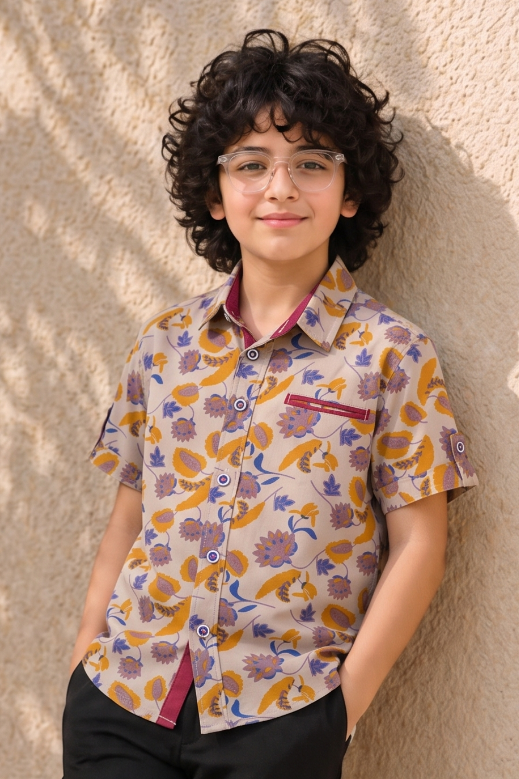 CREAM LIGHT LEAVES PRINT HALF SLEEVES SHIRT FOR BOYS