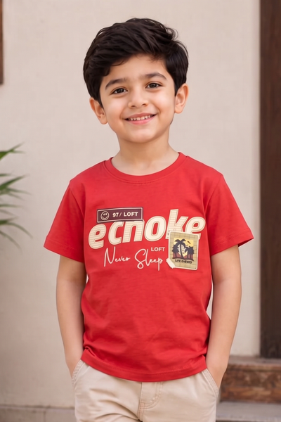 Red Ecnoke Print Half Sleeves T-Shirt For Boys