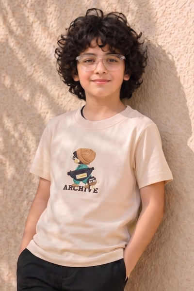 Light Peach Achive Boy Print Half Sleeves T-Shirt For Boys