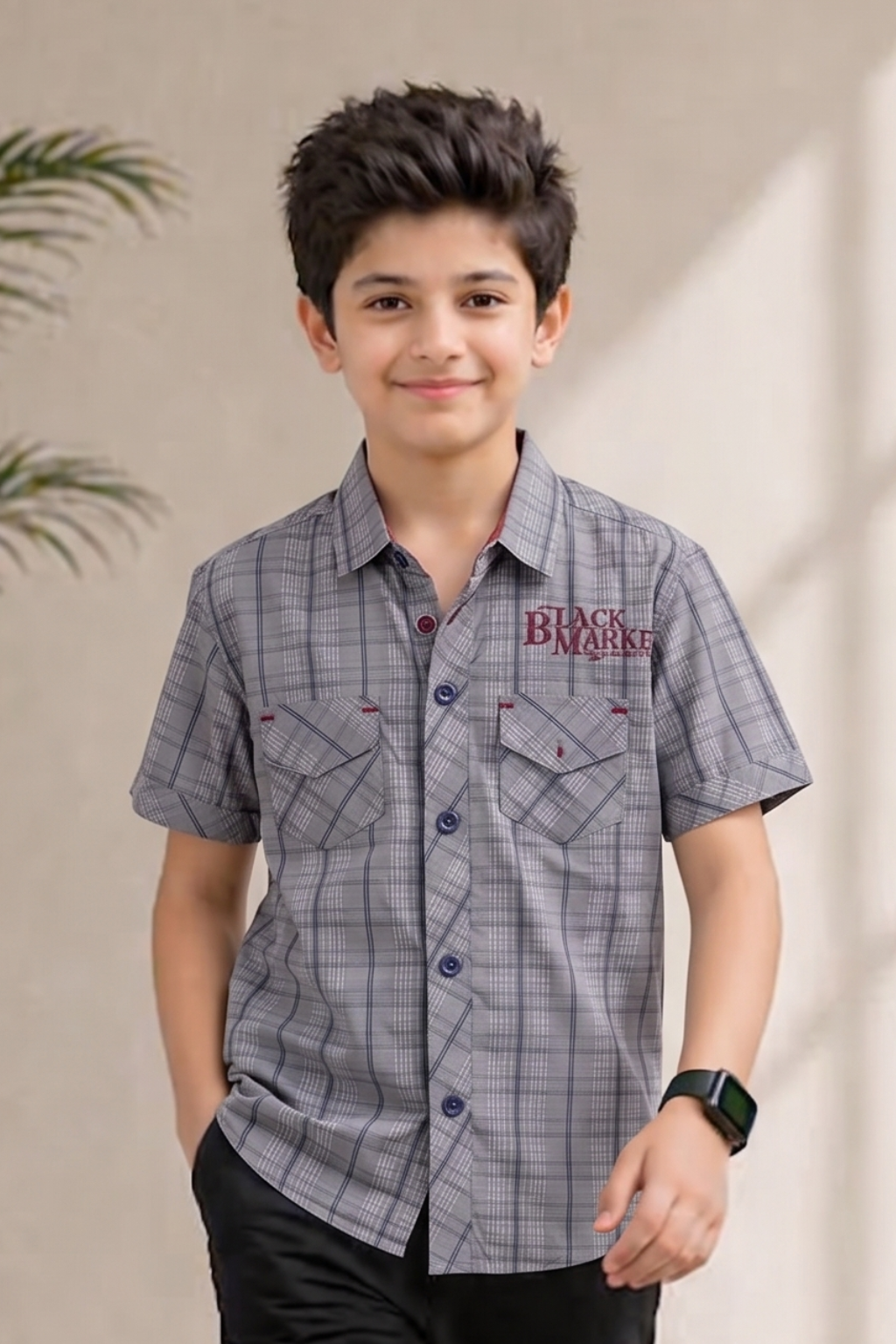 GREY DOUBLE POCKET HALF SLEEVES SHIRT FOR BOYS