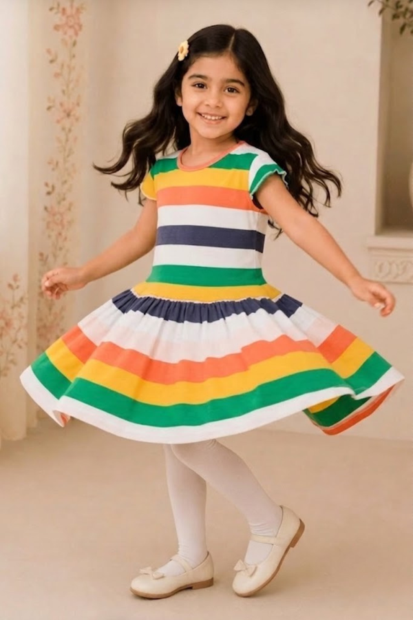 Green Yellow Pink Stripes With Hair Band Frock For Girls