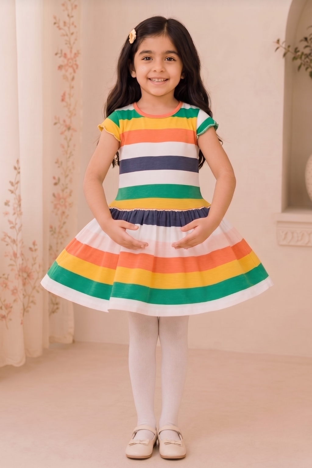 Green Yellow Pink Stripes With Hair Band Frock For Girls