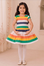 Green Yellow Pink Stripes With Hair Band Frock For Girls
