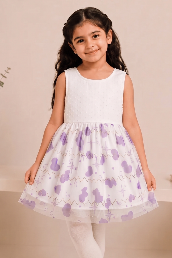 White With Purple Hearts Frock For Girls ( Minor Defection 1 Order 1 Frock )