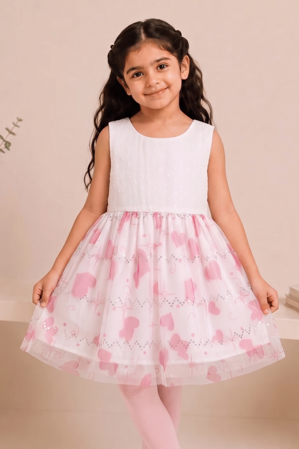 White With Pink Hearts Frock For Girls ( Minor Defection 1 Order 1 Frock )