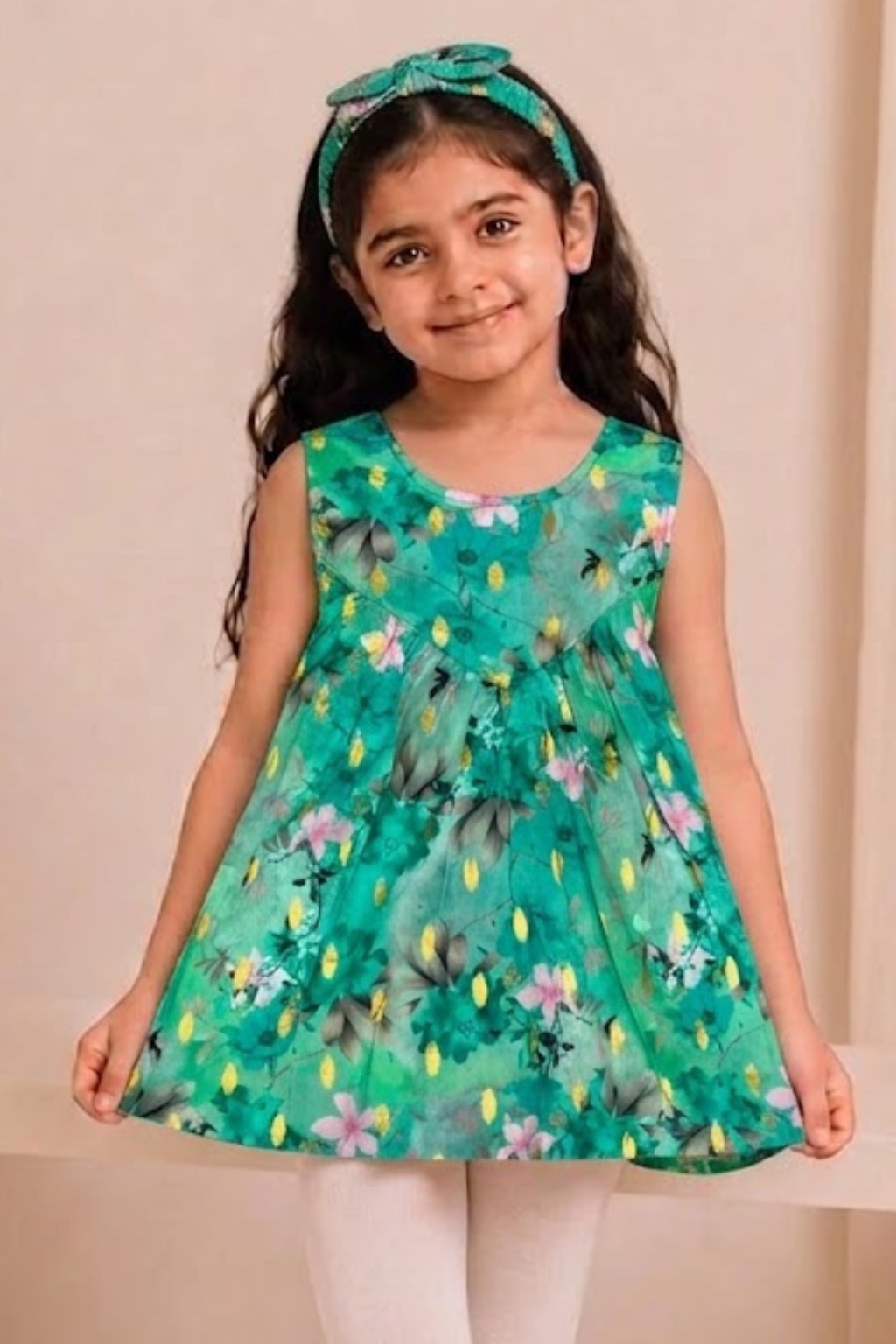Sea Green Pink Flowers Print With Hair Band Frock For Girls