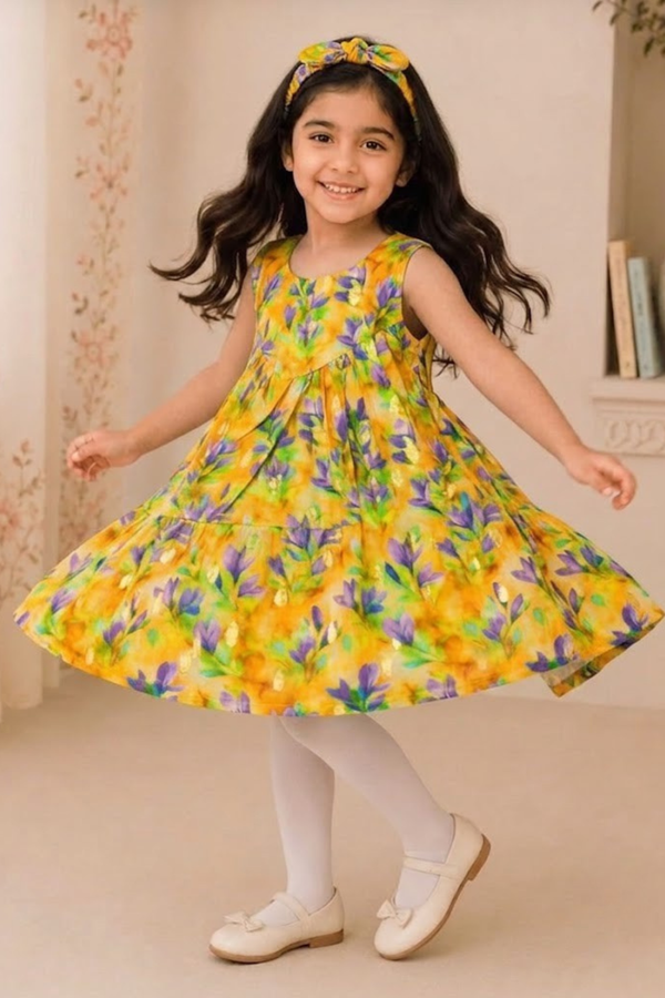 Yellow With Purple Flowers Print With Hair Band Frock For Girls