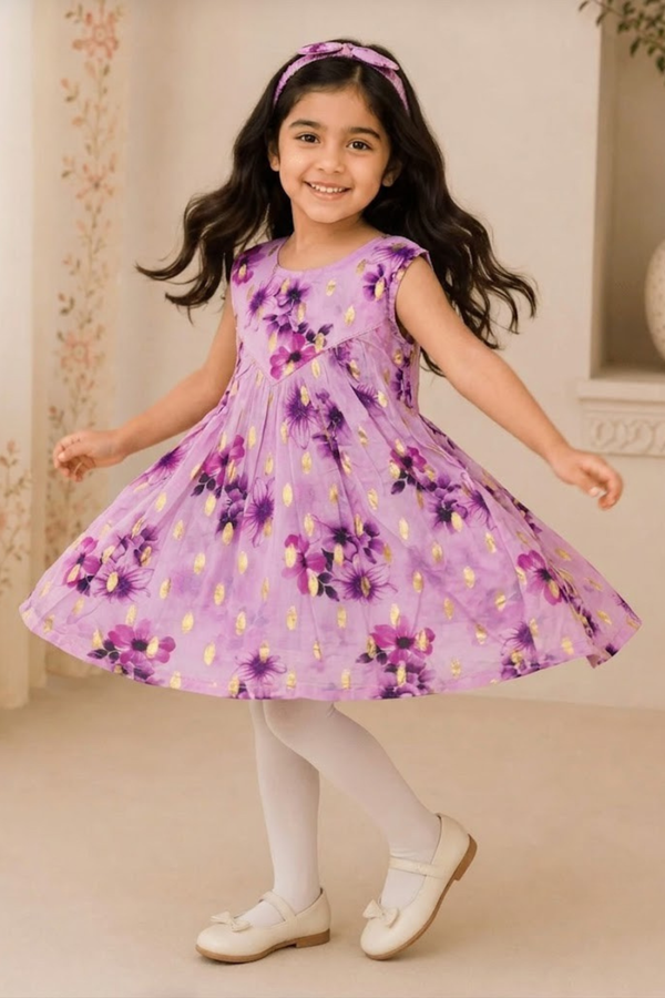 Purple Flowers Print With Hair Band Frock For Girls