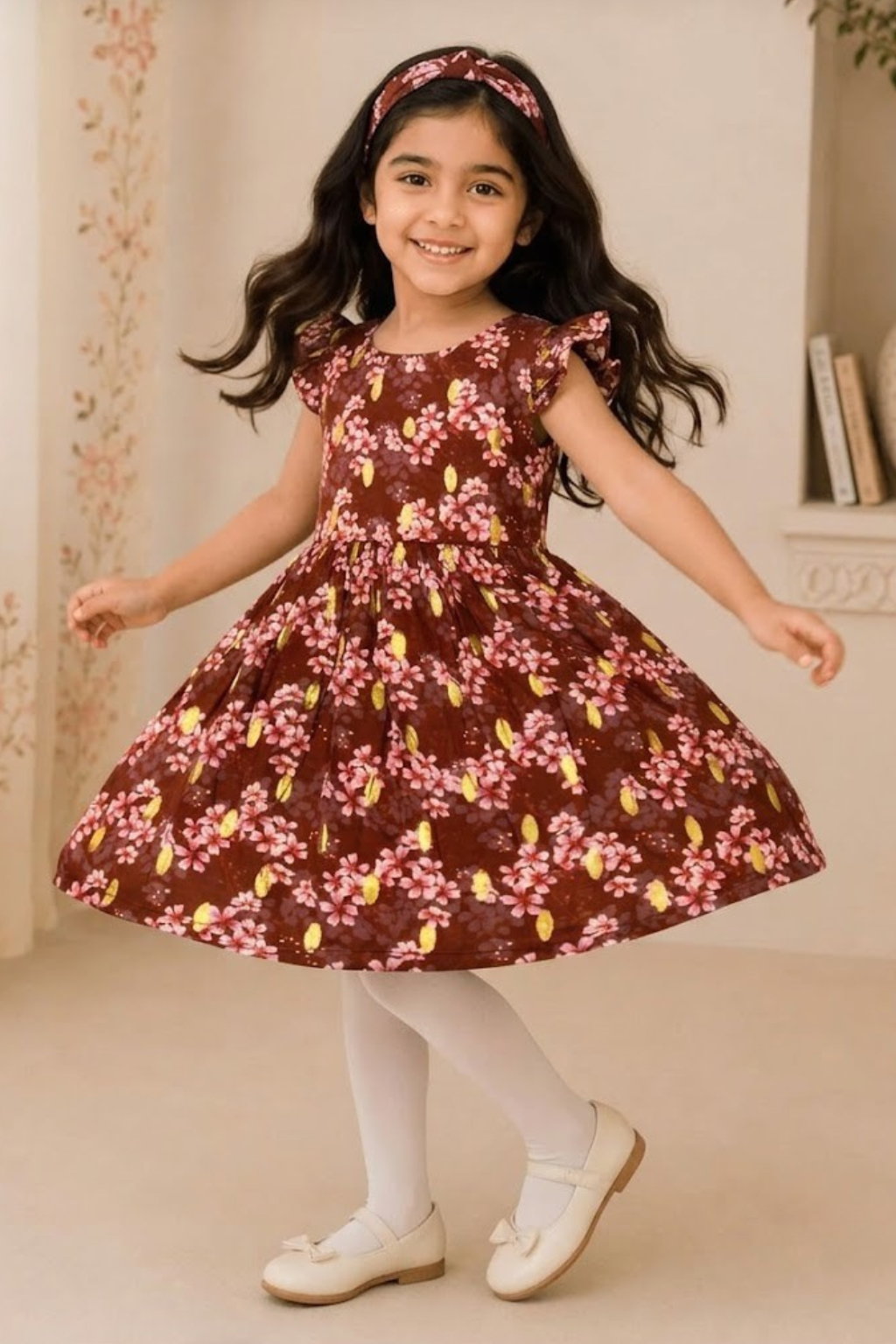 Brown Flowers Print With Hair Band Frock For Girls Main image