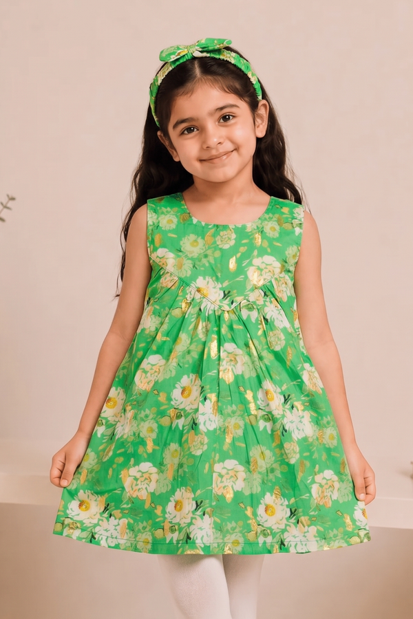 Green With White Flowers Print With Hair Band Frock For Girls
