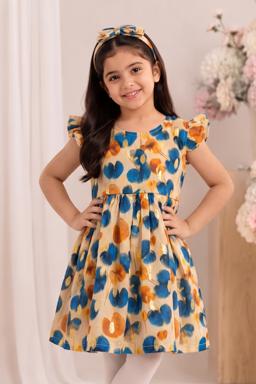 Beige Big Leaf Print With Hair Band Frock For Girls