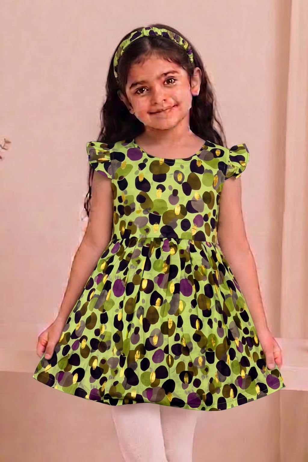 Green Polka Dots Print With Hair Band Frock For Girls