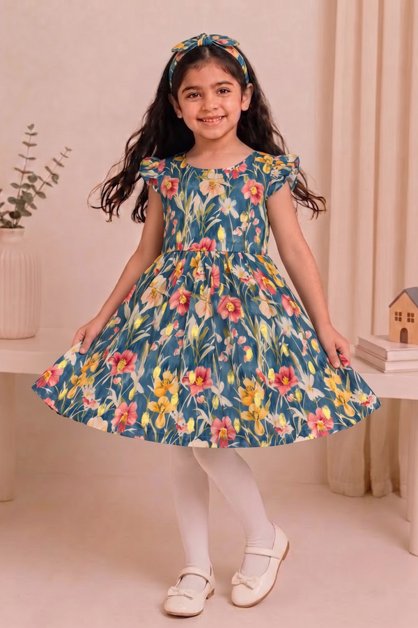 Blue With Pink Flowers Print With Hair Band Frock For Girls