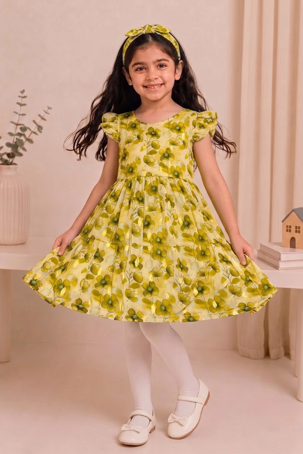 Green Flowers Print With Hair Band Frock For Girls